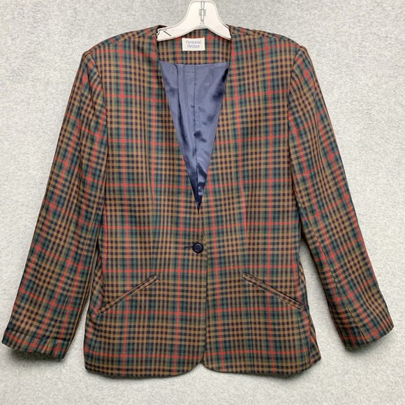 Personal Petites Jackets & Blazers - Personal Petites Womens Vintage Blazer Plaid Sz 6 Petite Brown‎ Preppy Academia